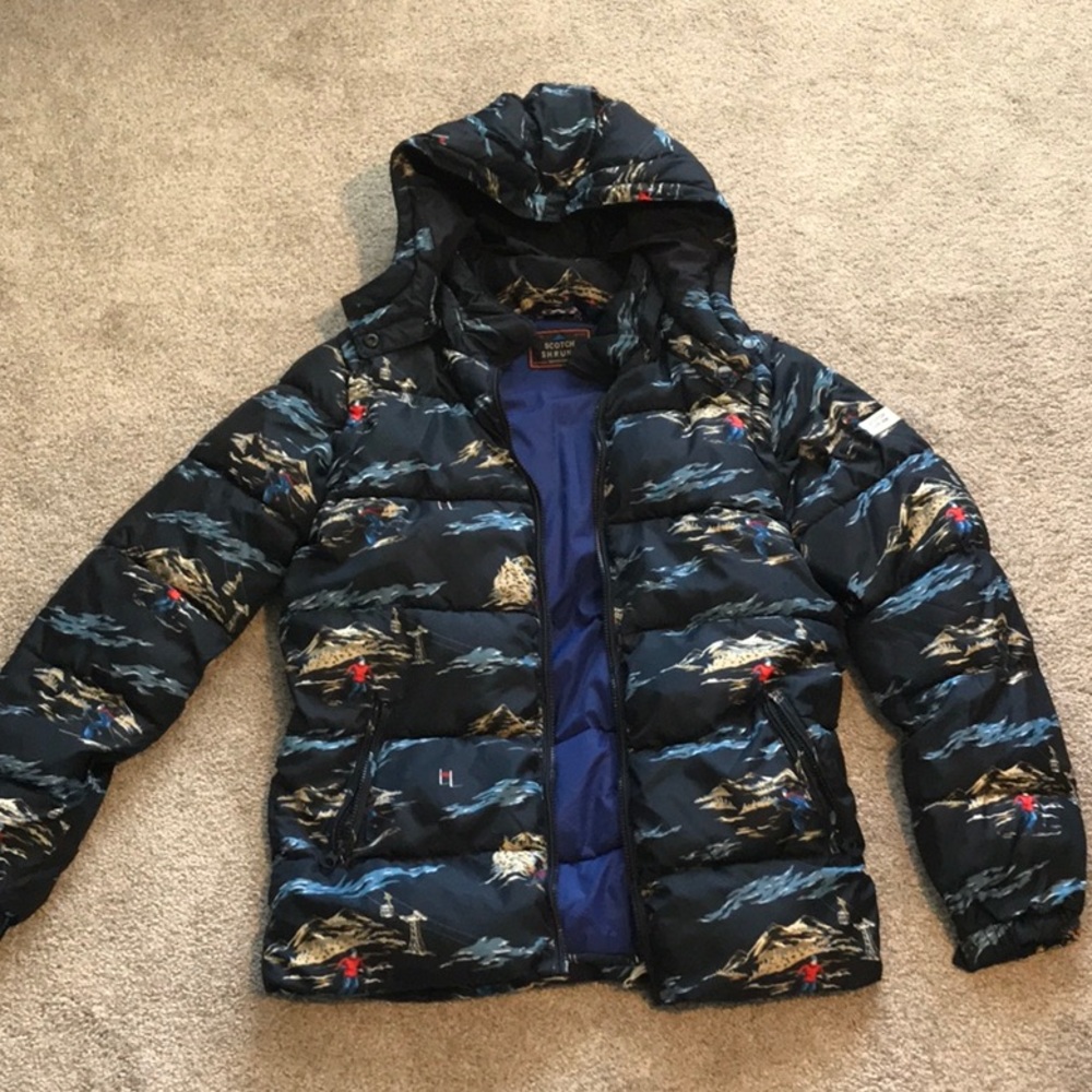 Scotch Shrunk Black and Blue Puffer Jacket with Hood and Quilted Design